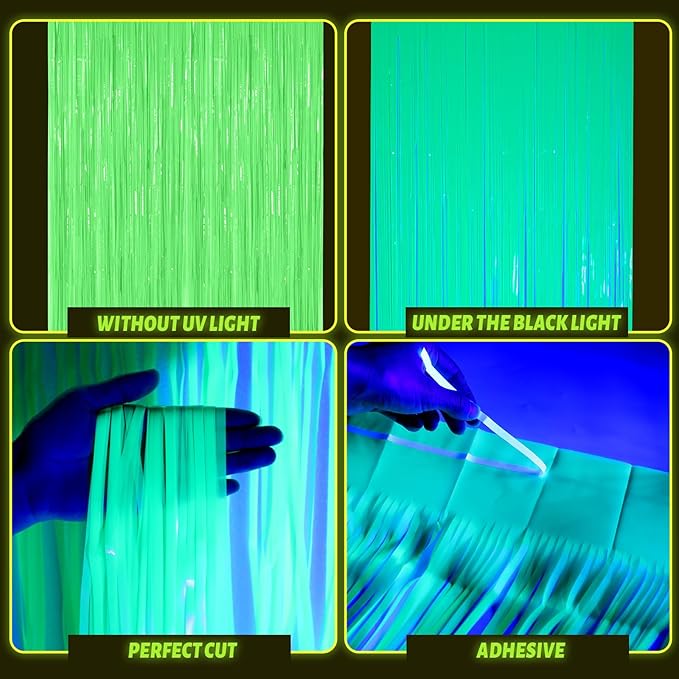 Weysat Glow in The Dark Party Supplies 4 Pack 3.3x6.6ft Neon Party Decoration Neon Tinsel Foil Fringe Curtain 2026 Vbs Photo Booth Backdrop Streamer for Birthday Decor(Green, Rose Red, Yellow, Orange)