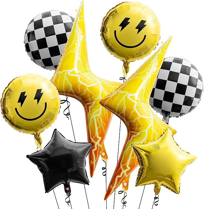 8PCS 18 Inch Smile Party Checkered Helium Balloons, Yellow Smile Face Prppy Theme Birthday Party Decorations, Yellow Lightning Balloons for Wedding Decor Event Supplies