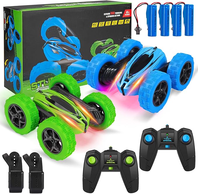 2PACK RC Stunt Car Watch Gesture Sensor Car 4WD Double Sided 360 Degree Rotating Tumbling Rechargeable Car High Speed 2.4GHZ Off Road Hobby RC Toy Cars for Xmas Birthday Gift Adults,Kids (Blue/Green)