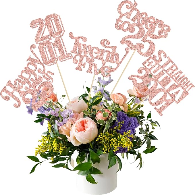 Gyufise 15Pcs Happy 25th Birthday Centerpiece Sticks Twenty Five Straight Outta 2001 Table Flower Centerpieces Sticks for Cheers to 25th Birthday Party Supplies Rose Gold
