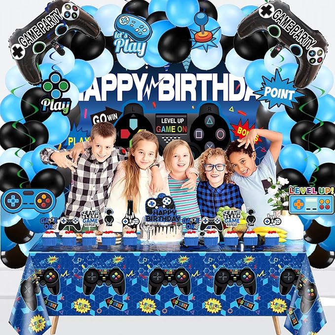 75Piece Video Game Party Decorations Set: Gamer Birthday Supplies with Happy Birthday Backdrop, Table Cover, Hanging Swirls, Cake Toppers, Foil Balloons, Latex Balloons – Perfect Game ON Party!