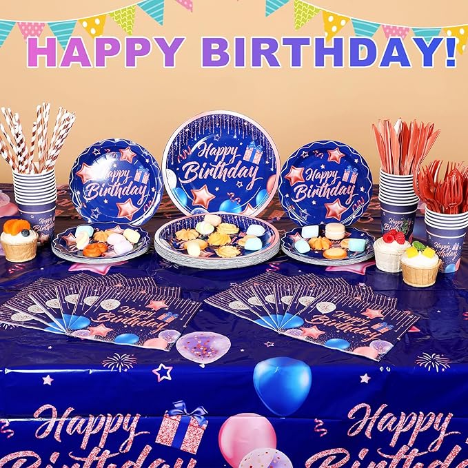 Norme 176 Pcs Navy Blue and Rose Gold Birthday Tableware Set Birthday Decoration Includes Tablecloth Paper Plates Napkins Paper Cups Forks Knifes and Straws for 25 Guests Party Supplies (Bright)