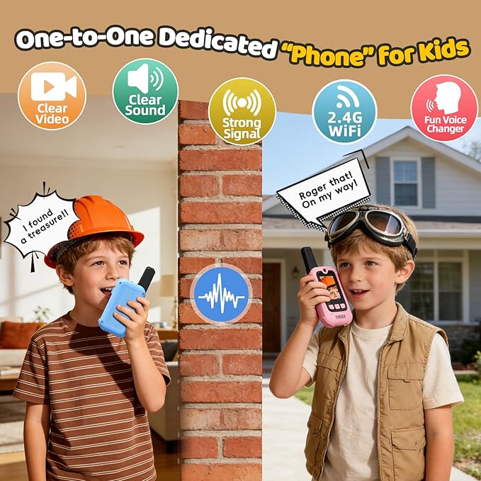 Video Walkie Talkies for Kids, 2 Pack Long Range Walkie Talkies with Screen & Voice Changer, Outdoor Toys for Boys Girls Ages 3-12, Family Games Birthday Gifts for Kids (Blue+Pink)