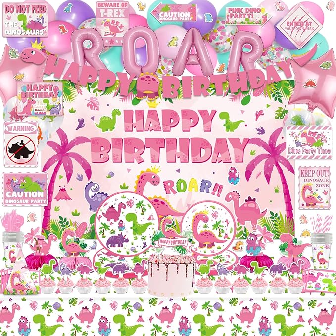 Girl Dinosaur Party Supplies, 206Pcs Pink Dinosaur Dino Themed Bday Party Decor Decorations for Girls - Backdrop, Banner, Tablecloth, Centerpieces, Plates, Stickers, Wall Signs
