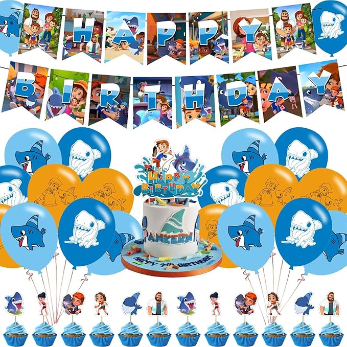 Sharkdog Party Decorations,Sharkdog Birthday Party Supplies Includes Banner- Cake Topper - 24 Cupcake Toppers - 18 Balloons