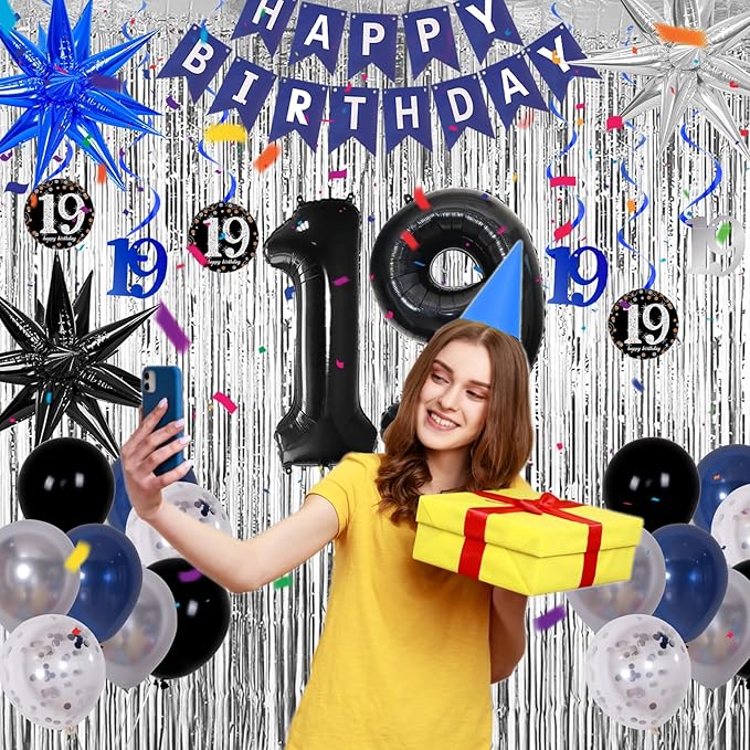 19th Birthday Decorations for Boys and Girls Dark Blue, 19 Birthday Decorations with HAPPY BIRTHDAY Banner 19 Balloon Number Tablecloth Foil Star Balloons Garland Arch Kit-19 Year Old Party Supplies