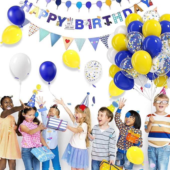 Blue and Yellow Balloons, 60pcs 12 Inch Royal Blue Yellow White Balloon with Confetti Balloons for Wedding Graduation Baby Shower Birthday Party Decorations