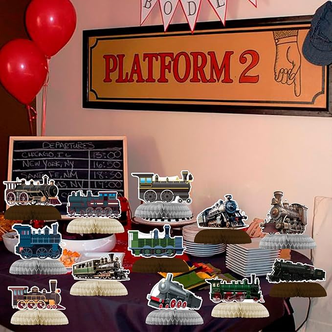 12 PCS Train Honeycomb Centerpieces for Table Decor, Retro Train Table Decorations Table Toppers for Train Party Decorations Train Birthday Party Supplies