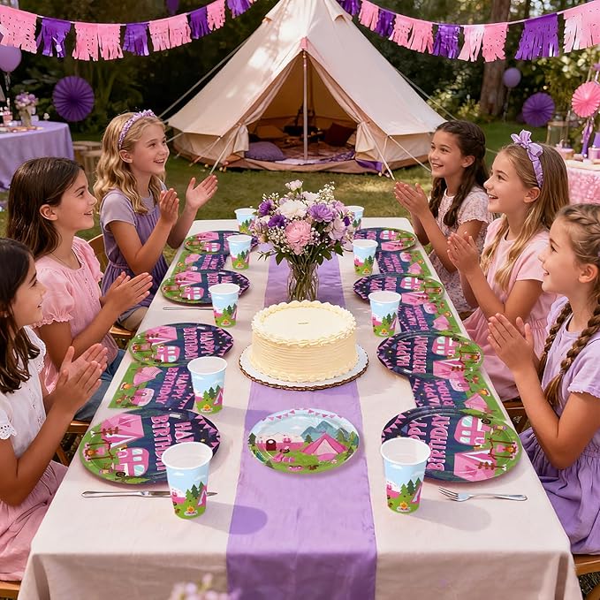 168Pcs Camping Birthday Party Decorations Hot Pink Camper Theme Plates Napkins Cups Forks Knives Spoons Campsite Campfire Tableware for Spring Summer Girls Camp Birthday Supplies Serves 24