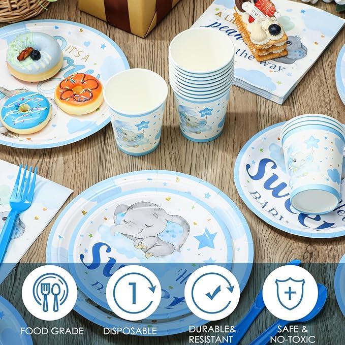Dandat 350 Pcs Baby Shower Plates Set Baby Shower Party Supplies Serves 50 Tableware Sets Include Plates Napkin Cup Forks Knives Spoons Disposable Dinnerware(Elephant,Blue)