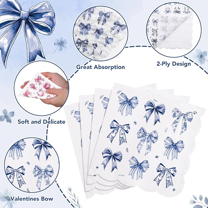 100 Pcs Blue Floral Napkins, Scalloped Blue Bow Cocktail Napkins Decorative Decoupage Napkin Toile Dessert Beverage Napkin for Baby Bridal Shower, Tea Party