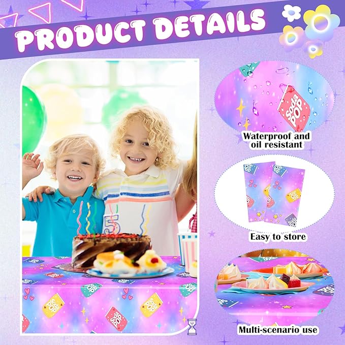 2 Pcs Birthday Party Decorations Plastic Cute Birthday Tablecloth 108 x 54 Inches Disposable Rectangle Tablecover for Boys Girls Kids Baby Shower Party Supplies (Soda Pop)