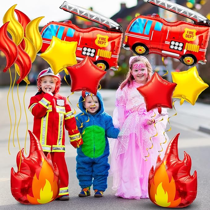 18 Pcs Fire Truck Balloons Set 4 Aluminum Foil Flame Balloon, 2 Fire Truck Firefighter Balloon, 6 Fire Balloons, 6 Star Balloons for Rescue Themed Decoration Firefighter Birthday Party Supplies