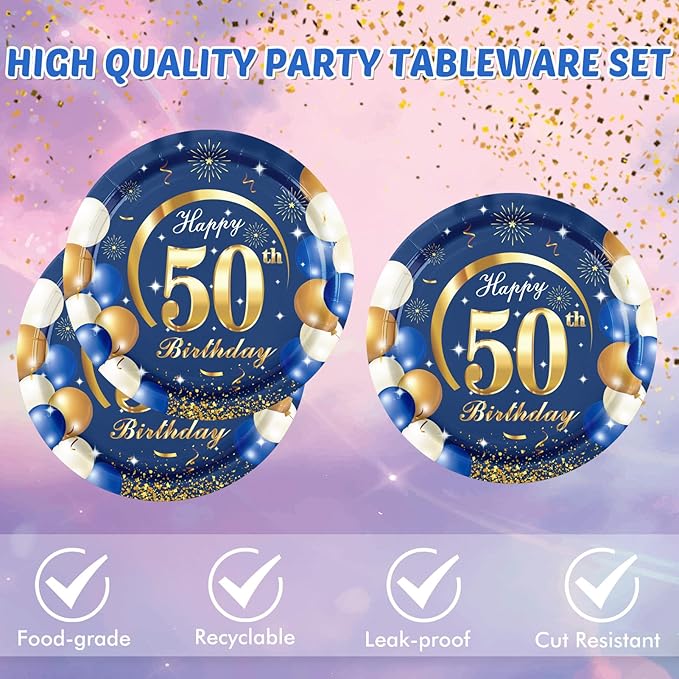 40 PCS Blue Gold 50th Birthday Party Decorations 50th anniversary decorations Disposable Dinnerware Set Include Plates Napkins for Man 50 Years Old Party Decor