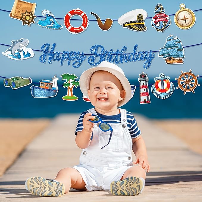CC HOME 3Pcs Sailing Navigation Happy Birthday Banner Pirate Navy Party Hanging Banner Career Theme Birthday Bridal Wedding Baby Shower Boys Girls Kids Home Classroom Party Supplies Decorations