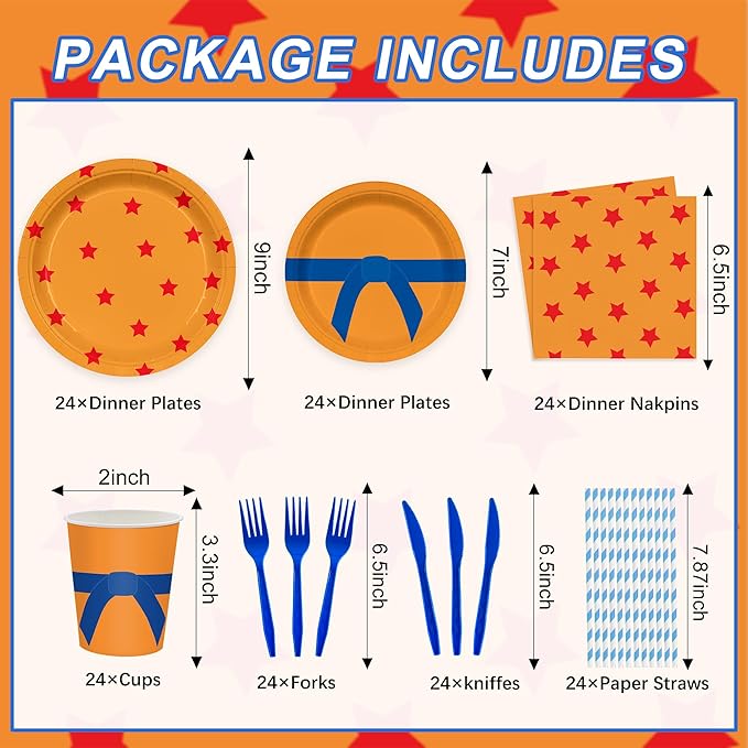 168PCS Anime Dragon Party Supplies for boys Kids Cartoon Themed Party Decorations Birthday Orange and Red Stars Paper Plates Cups Forks Knives and Straws Tableware Set for 24 Guests