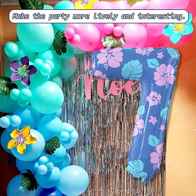 40 Inch Number 7 Balloon Leaf and Flower Birthday，7th Birthday Decorations for Kids' Parties Hawaii Party Supplies Favor Pink and Blue