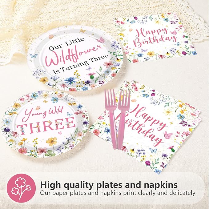 96Pcs Wildflower 3rd Birthday Decoration Our Little Wildflower Is Turning Three Plates and Napkins Spring Flower Third Birthday Decoration for Girl Floral Three Years Old Bday Party Supplies Serve 24