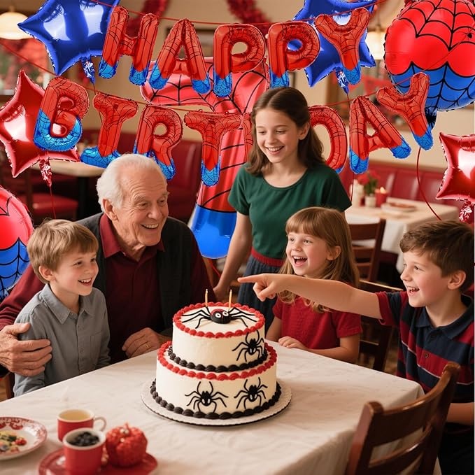 Spider Themed Happy Birthday Banner Party Decorations Set Including 40 Inch Number 7 Foil Balloons, Themed Party Essentials, Colorful Superhero Backdrop Supplies for Boys Indoor Outdoor Celebration