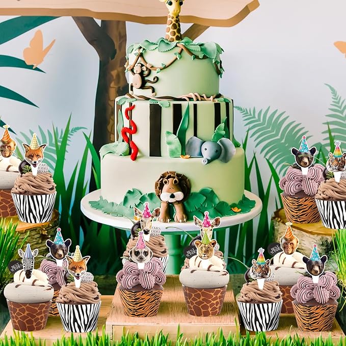 Hxezoc 48 Pack Safari Animals Party Cupcake Toppers and Wrappers, Jungle Animal Cake Decoration for Wild Theme Birthday Parties
