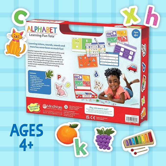 Peaceable Kingdom Alphabet Learning Fun Tote, Hands-on Literacy Activity Set with Magnetic Letters Sheets, Early Reading Skills Development, Kids Age 4+, Portable Classroom Home Organization