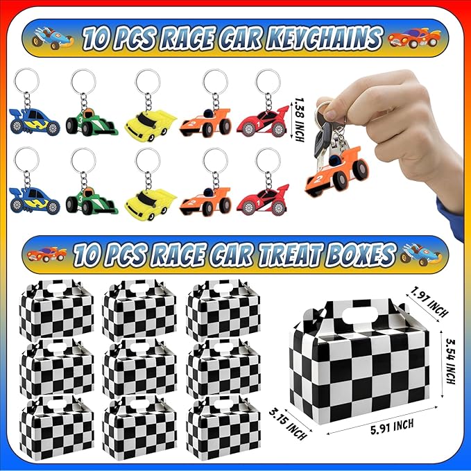 120 Pcs Race Car Party Favors Set with Keychains Slap Bracelets Tattoo Stickers Wristbands Treat Boxes Treat Bags Stuffers Race Car Party Supplies Race Car Party Decorations