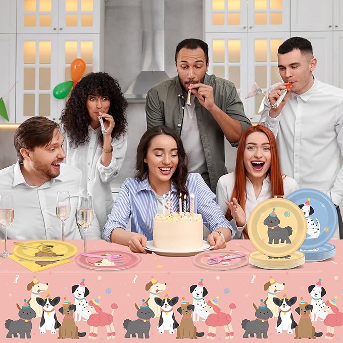 98Pcs Pet Dog Birthday Party Supplies Retro Puppy Themed Paper Plates Napkins Puppy Party Tableware Tablecloth Disposable Pet Dog Decorations Dinnerware for Kids Birthday Baby Shower Table Decor