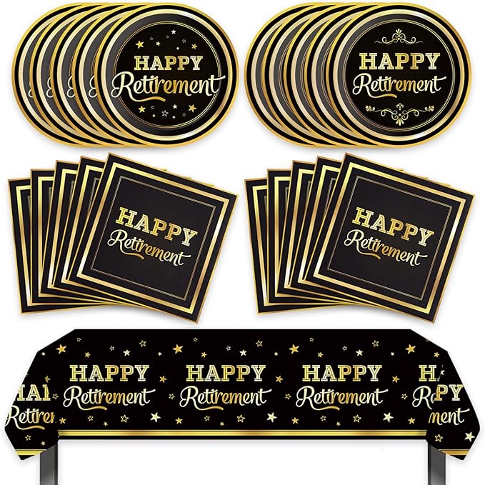 41pcs Retirement Party Supplies ,include 20pcs 7inch Dessert plate, 20 Napkin and 1pcs Tablecloth,Used for Black Gold Retirement Party Decoration