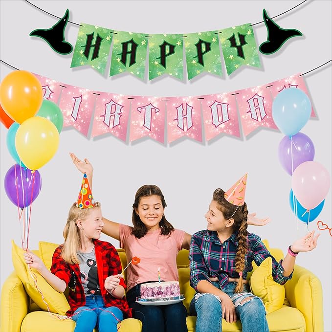 OHOME Witch Party Decorations - Pink and Green Happy Birthday Banner for Halloween Birthday Party Decorations Supplies | Witch Themed Decor Backdrop Photo Booth Props