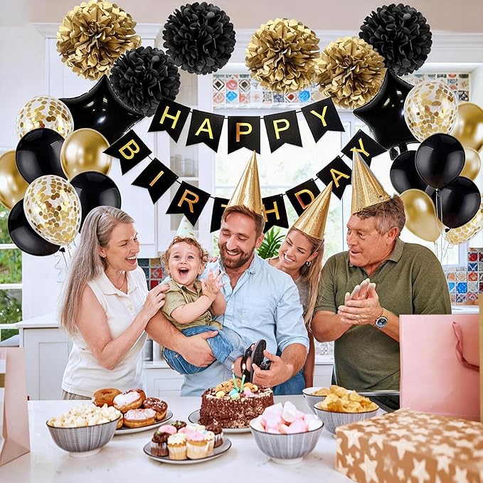 Birthday Decorations for Men Gold and Black Party Decor Supplies Boy Including Happy Birthday Banner Confetti Latex Balloon Foil Balloon and Ribbon