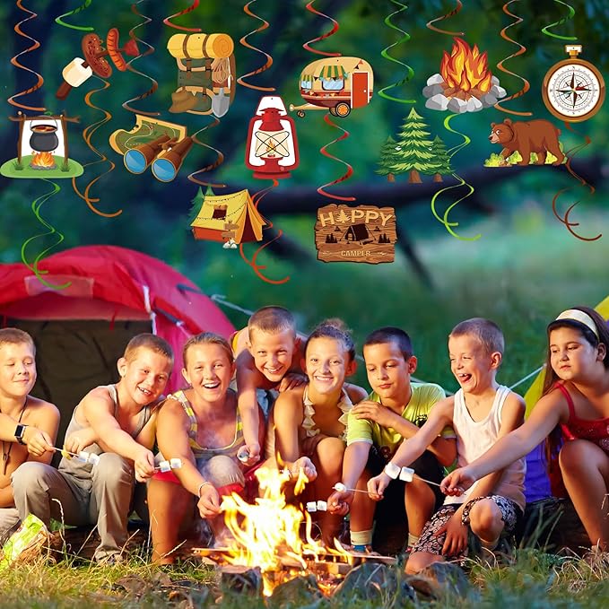 58 Pcs Camping Party Hanging Swirls Camping Themed Party Decorations Campings Adventure Sign Foil Swirls Ceiling Decorations for Kids Adults Campings Theme Party Indoor Outdoor Baby Shower