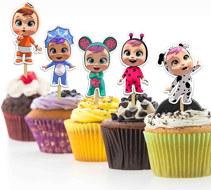 "Cri Babes Cupcake Topper – Cute Cartoon Baby Doll Theme Birthday Party Cupcake Picks – Adorable Cupcake Decorations for Birthday Celebrations, Baby Showers, and Themed Party Dessert Tables"