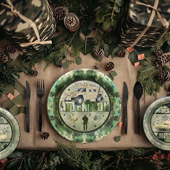 Army Party Decorations Set - Unique Army Party Plates, Cups, Napkins, and Cutlery for an Enthralling Celebration - Disposable and Stylish Army Party Supplies for Birthdays and Events