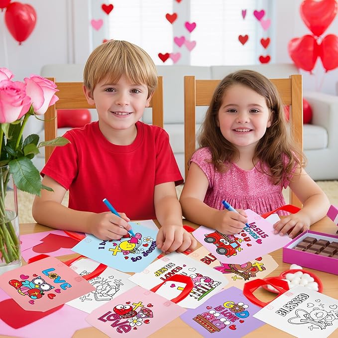 Valentine's Day Cartoon Coloring Goodie Bag for Kids - 24Pcs Christian Bulk Color Your Own Gift Bag with Handle Religious Reusable Coloring Non Woven Tote Bag for Valentine Party DIY Painting Craft