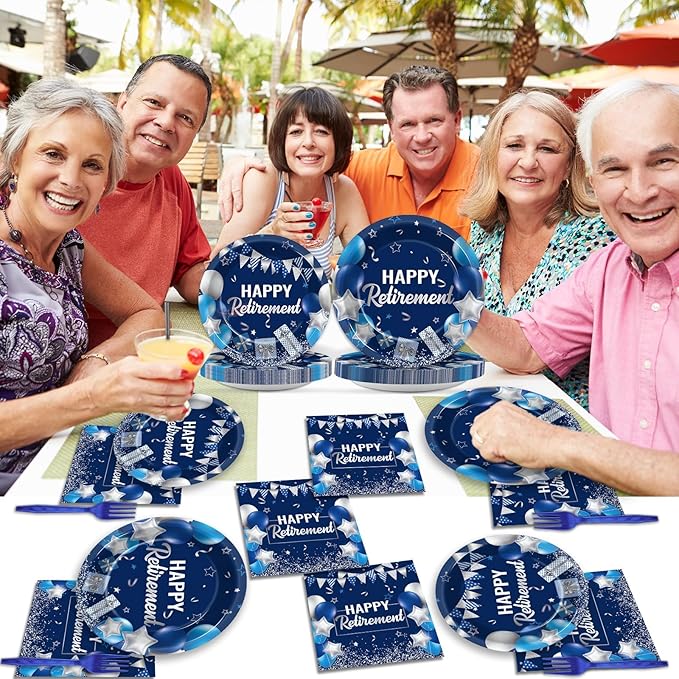 gisgfim 96 Pcs Retirement Plates and Napkins Party Supplies Paper Happy Retirement Party Tableware Set Blue Silver Decorations Favors for Men Women for 24 Guests