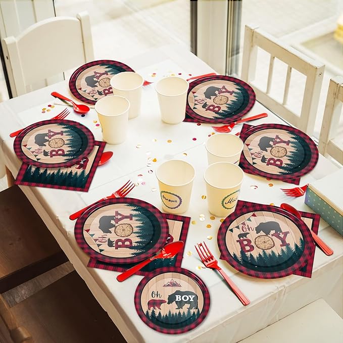 gisgfim 96 Pcs Buffalo Plaid Lumberjack Party Plates and Napkins Party Supplies Boy Red Plaid Party Tableware Set Christmas Decorations Favors for Birthday Baby Shower for 24 Guests
