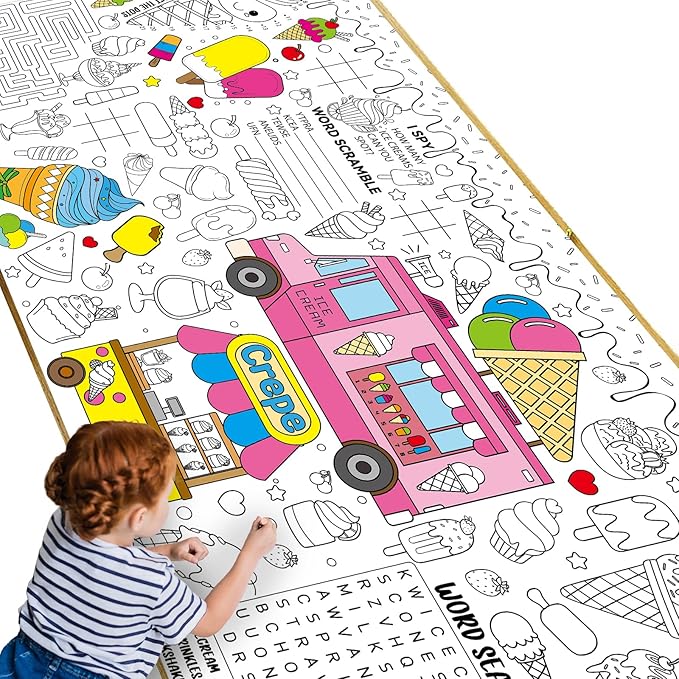 Ice Cream Giant Coloring Poster for Kids Summer Large Coloring Tablecloth Big Paper Sheets Page Sweet Theme Table Cloth DIY Activity Game Art Crafts Mat Wall Home Party Decoration Supplies