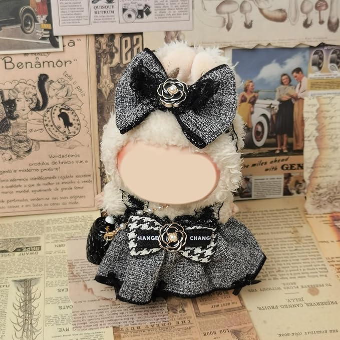 Clothes Compatible with LABUBU Doll – 4PCS Houndstooth lace Dress Set, 17cm Doll Clothes Designer Outfit for Urban Chic Theme, Classic Stylish Accessories for Labubu, No Doll (Houndstooth Rebel)
