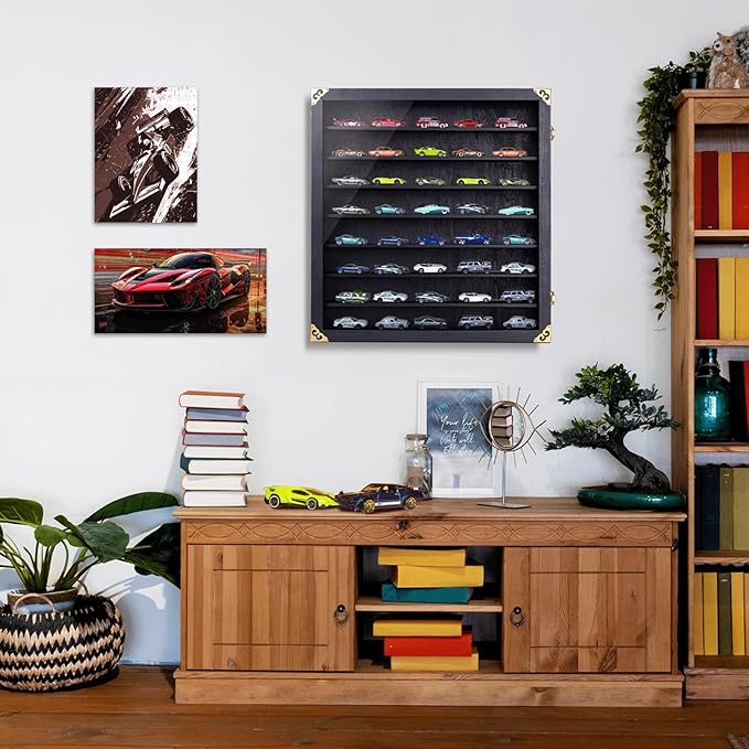 Giant Model Car Display Case with Wall Mounts,Display up to 80 Cars ,Model Hot Toy Cars Storage Organizer,15.7*2.75*16.7 Inches,UV Protection Acrylic Glass Door,Gold Lock,Black