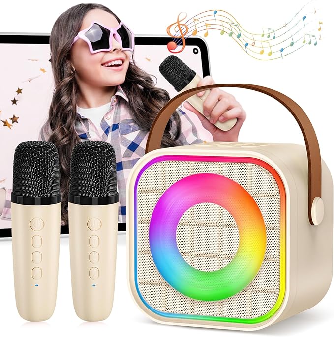 Kids Mini Karaoke Machine with Lights, Portable Bluetooth Speaker with 2 Wireless Microphones, Birthday Toys Gift for Girls Boys Ages 4,5,6,7,8,9,10+ Year Old, Party, Home KTV, Outdoor (Beige)