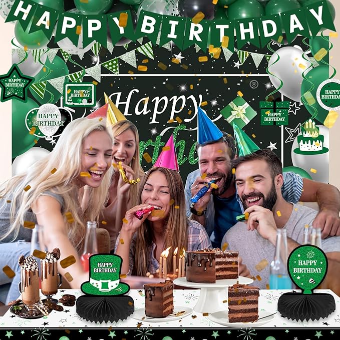 Green and Black Birthday Decorations, Green Party Decorations for Men Boys Women Girls with Balloons Arch Garland Kit Happy Birthday Banner Tablecloth Backdrop Decorations Bady Party Supplies