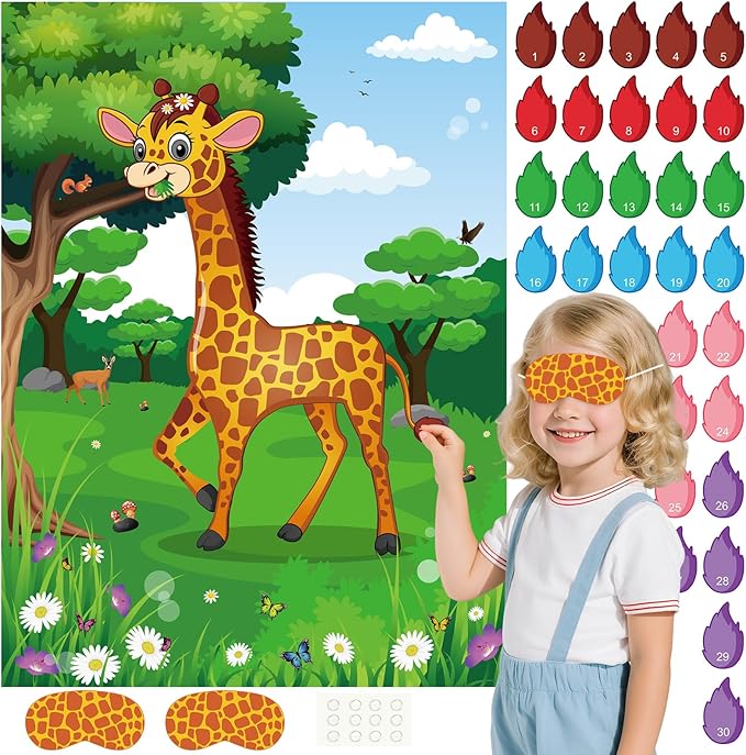 PLULON Pin The Tail on The Giraffe Party Game, Birthday Games Big Giraffe Poster with Tail Stickers for Zoo Animal Party Favors Wall Decorations Birthday Activities Jungle Party Supplies