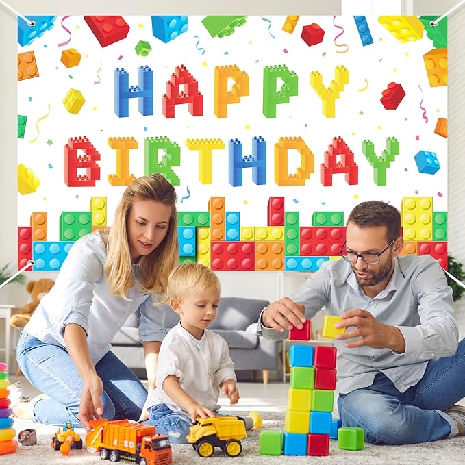 Panelee Building Block Birthday Banner Building Blocks Party Backdrop Decoration Happy Birthday Banner Photography Background for Party, 72.8 x 43.3 Inch(White)