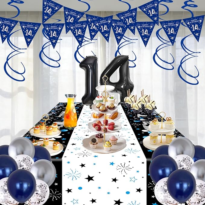 14th Birthday Decorations for Boys Girls, Dark Blue 14 Year Old Bday Decorations with Happy 14th Birthday Banner Backdrop Tablecloth, Party Supplies with 14 Balloon Numbers, Triangle Flag, Foil Stars
