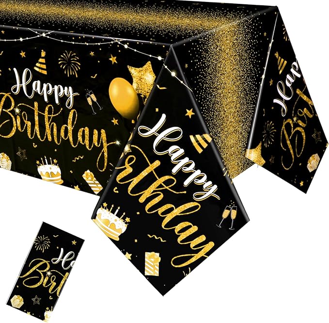 Tudomro 1 Pcs Happy Birthday Tablecloths Happy Birthday Party Decorations Plastic Table Cover Rectangular Cloths for Women Men Baby Shower Party Supplies, 108 x 54 Inch (Black Gold)