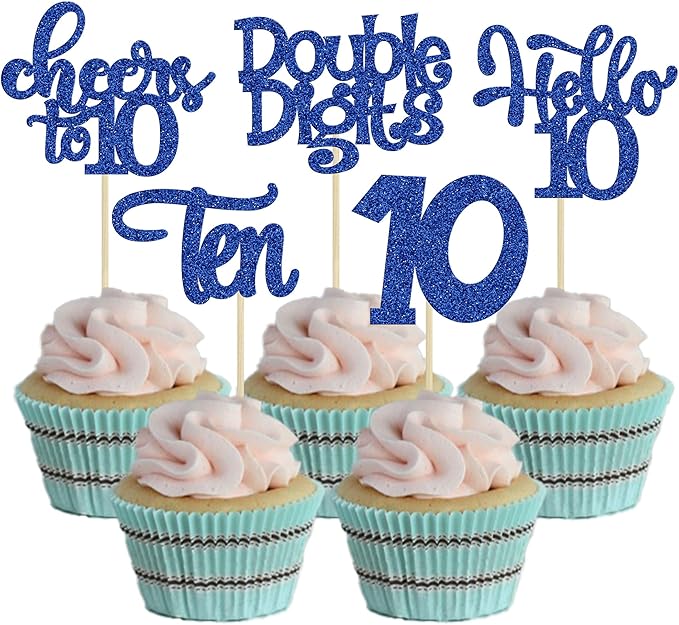 30Pcs 10th Birthday Cupcake Toppers Ten Double Hello 10 Cupcake Picks Cheers to 10 Years Old Cake Decorations for 10th Birthday Party Supplies Deep Blue Glitter