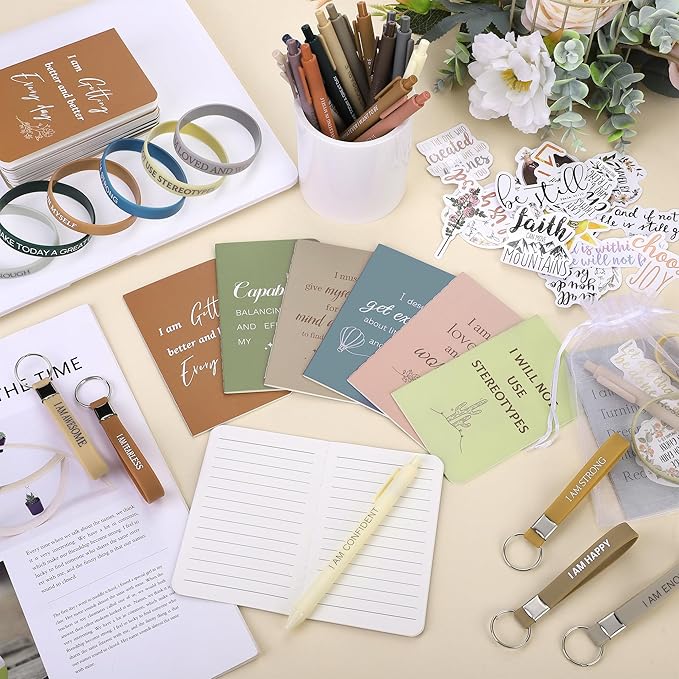 Aodaer 170 Pieces Positive Affirmation Gifts Set Motivational Quote Notebooks with Inspirational Pens Silicone Bracelets Keychains Stickers Organza Bags for School Office Party Favor Supply, Morandi