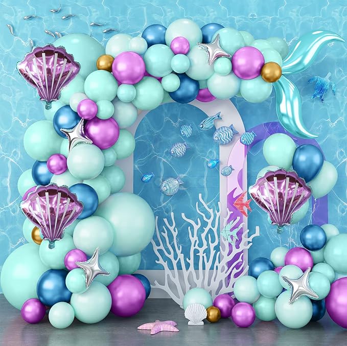 308Pcs Mermaid Birthday Party Decorations Set, Serves 24 Includes Plates, Napkin, Fork, Cup, Tablecloth, Banner, Backdrop, Tattoo, Mermaid Foil Balloons Arch for Party Supplies