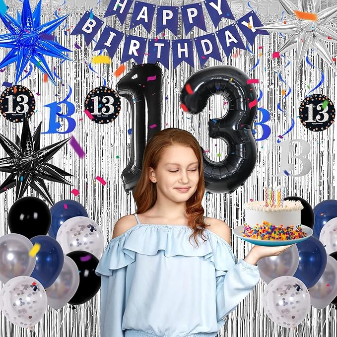 13th Birthday Decorations for Boys and Girls Dark Blue, Official Teenager Decorations HAPPY BIRTHDAY Banner 13 Balloon Number Tablecloth Foil Star Balloons Garland Arch Kit-13 Year Old Party Supplies