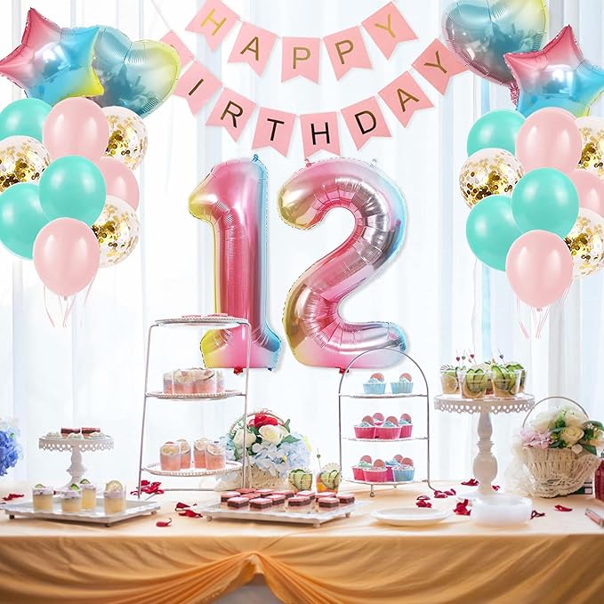 12th Birthday Decorations for Girls Gradient Color Age 12 Birthday Balloons with Happy Birthday Banner for Baby Showers Twelfth Birthday Party Supplies for Girls Boys (12th-Birthday)